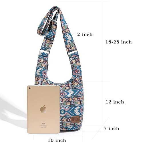 Coton Pose Women Hippie Crossbody Bag - Top Zip Large Capacity Canvas Sling Bag - Jacquard Cloth Handmade - color: Boho Blue