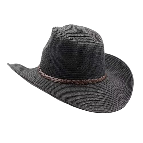 Straw Cowgirl Hat for Women Cowboy Hats for Men Wide Brim Sun Hat Shapeable Western Hat Beach Hat - color: Black