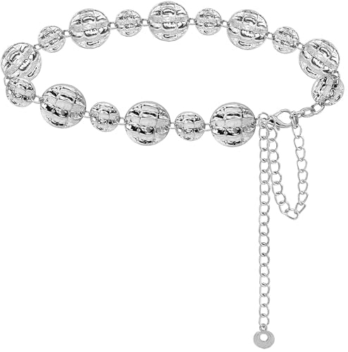 LIMHOO Women's Metal Waist Chain Belts Gold Silver Link Belt for Dresses - color: Circle Silver, size: M: Length 120cm/47.2in