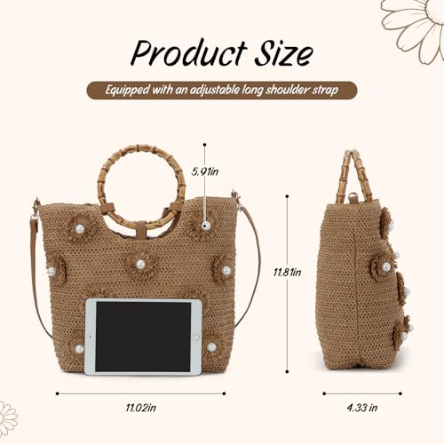 Beach Bags for Women, Summer Beach Woven Bag, Flower Pearls Straw Tote Bag for Summer Vacation - color: Khaki