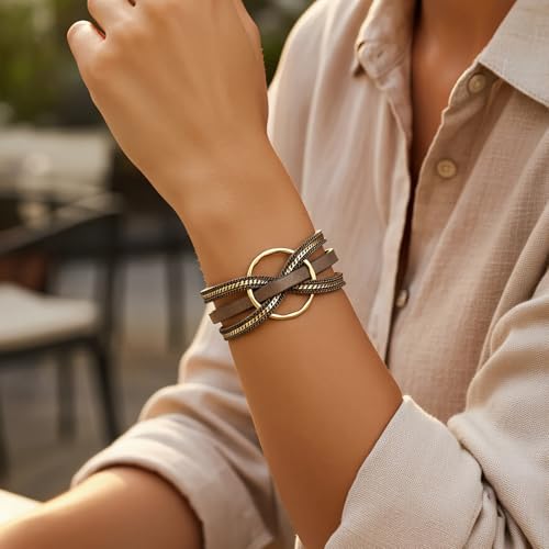 Edoneery Leather Wrap Bracelet for Women, Boho Handmade Multi-Layer Cuff with Crystal Beads Heart, Stackable Bangle Western Jewelry Gift - style: Circle(Brown)
