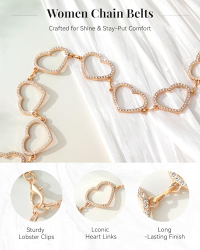 AWAYTR Cute Chain Belts for Women - Metal Waist Chain Belt for Dresses Jeans Country Concert Outfit - color: Gold-heart