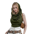 Boho Raw-Edge Crop Top – Adjustable Halter with Open Back & Cross-Wrap Design, 100% Cotton Beach Cover Up - color: Olive Green