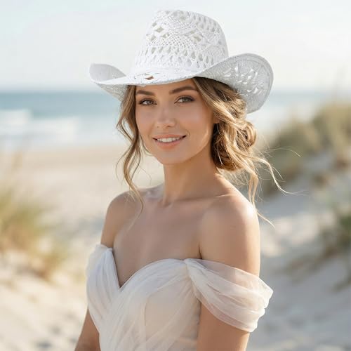 Men & Women's Summer Cowboy Cowgirl Straw Hat Hollow Out Woven Roll Up Wide Brim Sun Hat with Chin Strap - color: White