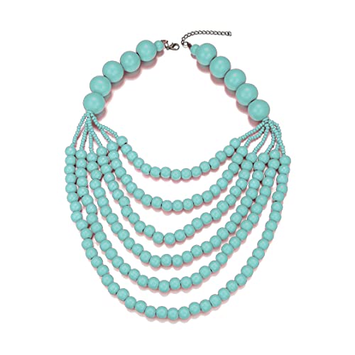 COLORFUL BLING Boho African Wooden Beaded Bib Statement Choker Necklace Long Multi Strand Chunky Layered Collar Tassel Necklace for Women Handmade Jewelry - color: blue