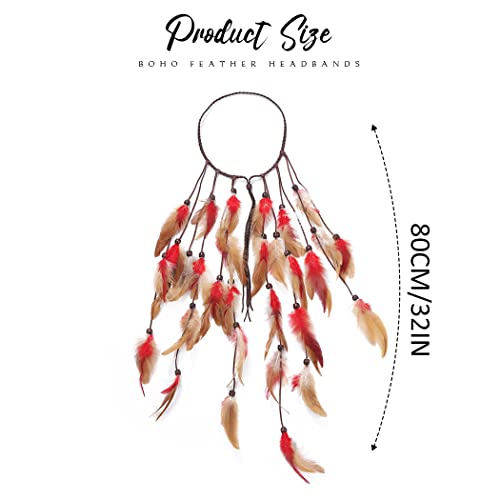 GORTIN Boho Feather Headband Gypsy Costume Headdress Black Bohemian Hippie Headbands Indian Festival Hair Band Adjust Long Feather Headpiece Hair Accessory for Women and Girls (Red+Brown) - color: Red+Brown