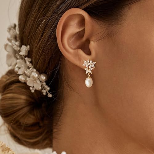 Hayopi Pearl Earrings for Women - Dainty Gold Dangle Drop Earrings, 14k Gold Plated Cute Bow Design, Hypoallergenic Pearl Studs, Wedding Jewelry Gifts - color: three flower