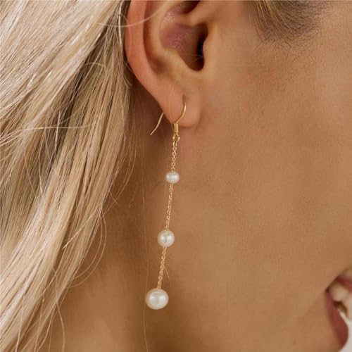 Hayopi Pearl Earrings for Women - Dainty Gold Dangle Drop Earrings, 14k Gold Plated Cute Bow Design, Hypoallergenic Pearl Studs, Wedding Jewelry Gifts - color: GOLD-3 dangle pearl earrings