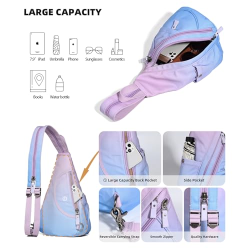 KL928 Canvas Sling Bag - Small Crossbody Backpack Shoulder Casual Daypack Rucksack for Men Women(Large Version,PalePurple+SkyBlue) - color: Canvas-palepurple-skyblue