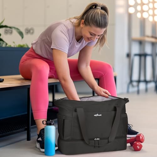 ETRONIK Gym Bag for Women, 45L Carry On Travel Duffel Bag with Shoes Compartment, Weekender Overnight Bag with Wet Pocket for Women, Travel, Gym, Weekend, Large Size - color: Black, size: Large