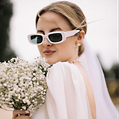 10 Pack Neon/Black Rectangle Sunglasses Bulk for Women Men Retro Trendy Small Rectangle Glasses Party Favors - color: White