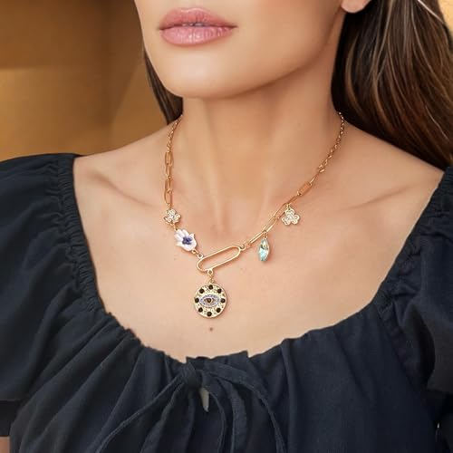ORIGENCE Sun Heart Necklace for Women 18K Gold Plated Heart Pendant Necklace Chunky Chain Choker Necklaces Hip Hop Charm Necklaces Trendy Unisex Jewelry - style: 5Charm-Gold