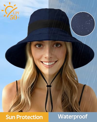 Senker Fashion Sun Hats for Women UV Protection, Waterproof Ponytail Wide Brim Bucket Hat for Summer Beach Gardening Travel - color: Blue