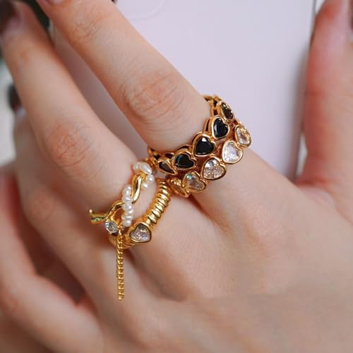 18K Gold Pearl Rings for Women Dainty Natural Freshwater Pearl Ring Gold Statement Rings Minimalist Vintage Adjustable Rings Golden Peal Engagement Ring Party Ring Pearl Jewelry for Mom Wife Lovers - color: 05-7