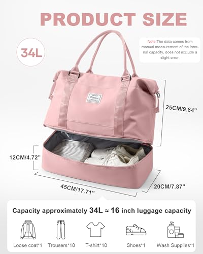 Travel Duffel Bag, 18x14x8 Inches Travel Bag Spirit with Shoes Compartment, Weekender Overnight Bag for Women with Trolley Sleeve, Carry On Bag for Airplanes Sport Tote Gym Bag Pink - color: H2-Pink, size: Large