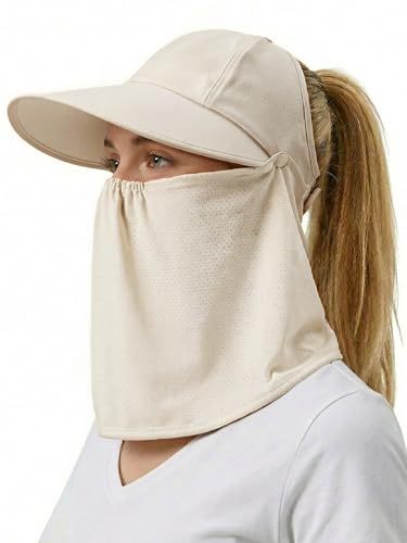 Outdoor Wide Brim Sun Hat Visor for Women, Detachable Face & Neck Cover, Hiking Gardening UPF 50+, Ponytail Friendly - color: Beige