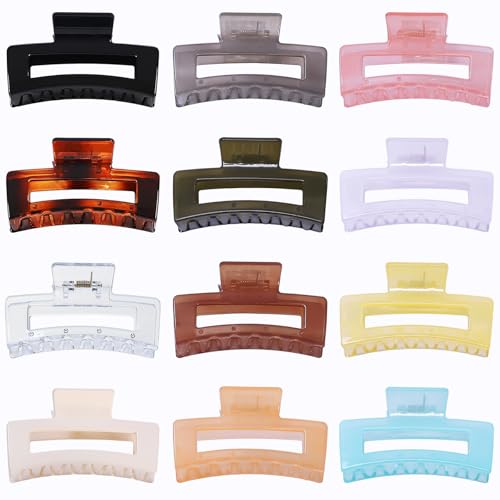 Sisiaipu 12 Pack Medium Square Claw Hair Clips, 3.5 x 2 x 1.1 inch, Shiny, 12 Colors, Hair Accessories for Women and Girls, Rectangular Rectangle Jaw Clips for Thick and Thin Hair Securing, 12 Pieces - color: Jelly