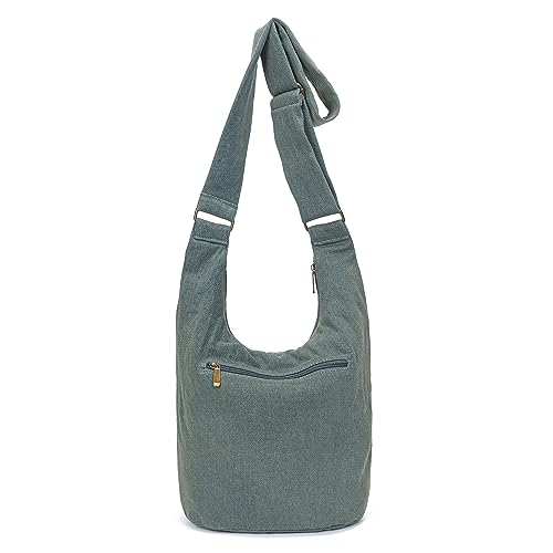 Coton Pose Women Hippie Crossbody Bag - Top Zip Large Capacity Canvas Sling Bag - Jacquard Cloth Handmade - color: Denim Green