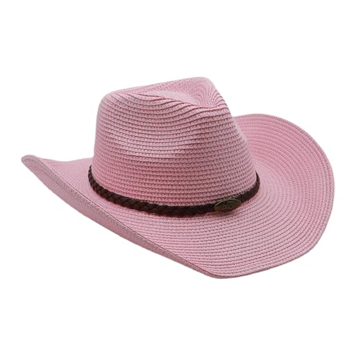 Straw Cowgirl Hat for Women Cowboy Hats for Men Wide Brim Sun Hat Shapeable Western Hat Beach Hat - color: Pink