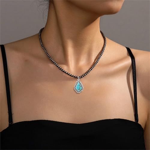 coadipress Navajo Pearl Necklace Western Jewelry for Women Boho Beaded Choker Necklaces Vintage Turquoise Pendant Cowgirl Necklace - style: Rhombus