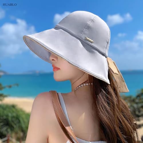 Wide Brim Hats for Woman Foldable Hats Sun Hats for Women uv Protection Bowknot Bucket hat Adjustable hat with Ponytail Hole - color: Grey