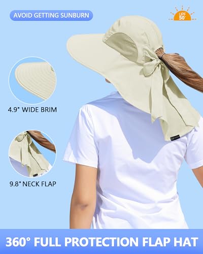 Womens Sun Hat Outdoor UV Protection Wide Brim Fishing Hat with Ponytail Hole Neck Flap for Beach Hiking Camping - color: A-sun Hat-beige
