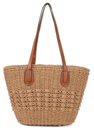Women's Straw Shoulder Bag Large Rattan Woven Totes Summer Travel Beach Handbag Handmade Top Handle Purse - color: Coffee