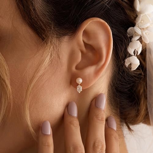 Hayopi Pearl Earrings for Women - Dainty Gold Dangle Drop Earrings, 14k Gold Plated Cute Bow Design, Hypoallergenic Pearl Studs, Wedding Jewelry Gifts - color: GOLD-Inverted Pearl