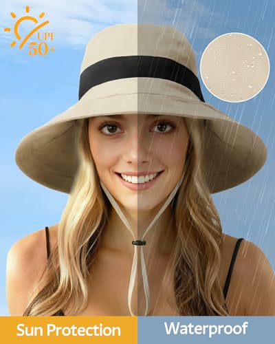 Senker Fashion Sun Hats for Women UV Protection, Waterproof Ponytail Wide Brim Bucket Hat for Summer Beach Gardening Travel - color: Khaki