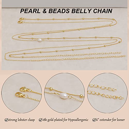 Honsny 2PCS 25-43Inch 18K Gold Plated Waist Chain Minimalist Pearl Belly Body Chain Gold Layered Sexy Bikini Body Chains Waist Jewelry for Women - color: C:Beads & Pearl, size: L(37-43INCH)