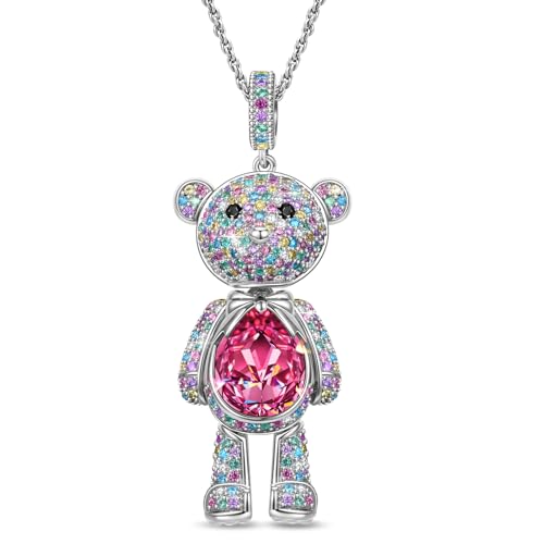 Swarovski Crystal Teddy Bear Necklace, White Gold Plated, Playful Movable Design, Sweet Warmth & Love Symbol Jewelry Gift for Women Teens Girls, Gift-Ready Packaging - style: White Gold Plated Brass
