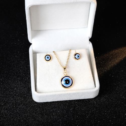 Women's evil eye necklace, earrings 14K gold-plated exquisite necklace blue and white zircon diamond pendant necklace cute bohemian style mini evil eye lucky amulet jewelry (Gold colour, Necklaces and earrings)