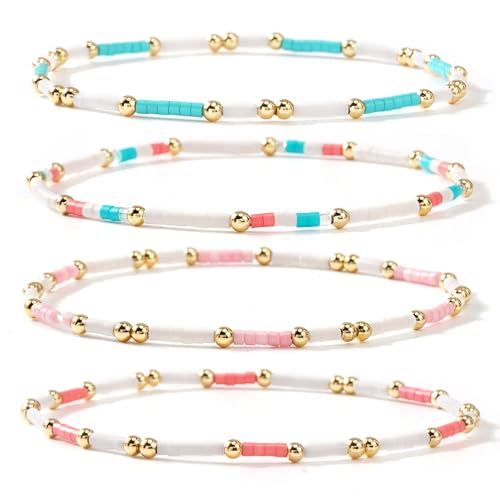 Dainty Gold Colorful Beaded Bracelets Stack for Women,4PCS Cute Bohemian Colorful Small Beads Stackable Stretch Bracelet Set Trendy Holiday Party Accessories Jewelry Gift Friendship - color: Pink Blue