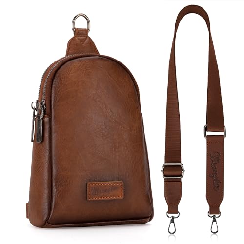 Wrangler Small Sling Bag for Women, Leather Crossbody Bags Cross Body Purse Fanny Packs with Adjustable Strap for Gift - color: Classic-caramel Brown Distressed