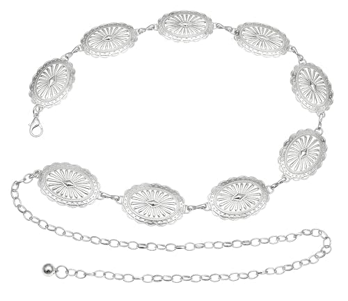 Women's Concho Chain Belt Western Cowgirl Metal Waist Chain Belt for Dress - color: A Silver, size: XL: 59 in