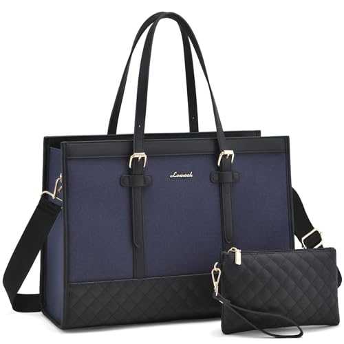 LOVEVOOK Laptop Bag for Women 15.6 inch Canvas Laptop Tote Bag, Large Capacity Work Bags with Clutch Purse, Computer Bags Office Business Briefcase, Casual Handbag for Travel College Teacher - color: Blue & Black, size: 15.6 inch