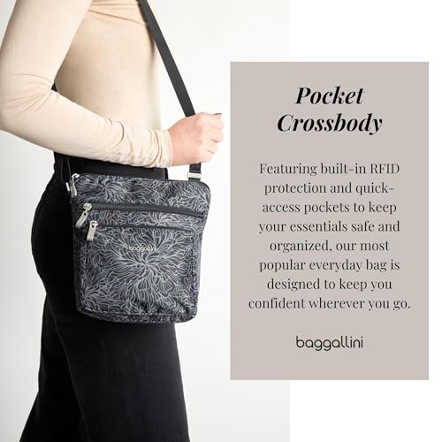 Baggallini Pocket Crossbody Bags for Women 8x8 Small Lightweight Durable Water-resistant Travel Purse W/Rfid - color: Midnight Blossom