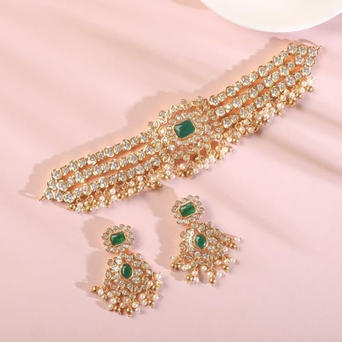 TARINIKA Brass Indian Choker Necklace Set - Gold Plated Cubic Zirconia Indian Jewelry Sets for Women Dangle, Drop, Jhumka Earrings Traditional Desi Necklace Pearls Gift for her - style: Ethnic