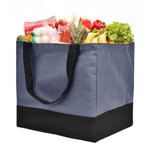 Canvas Reusable Grocery Bags Heavy Duty, 8.3 gal Foldable Large Tote Bag with Handles, Holds 60 lbs Canvas Shopping Bags, 1 Pack - color: [A0] Blue / Black, size: 1 Pack