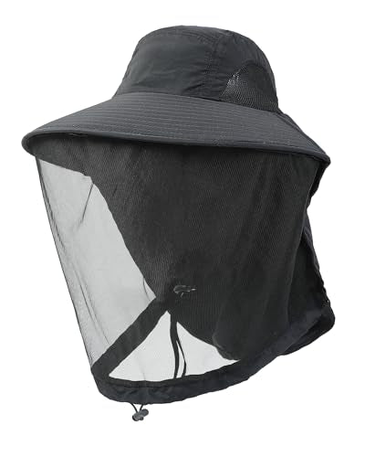 Womens Sun Hat Outdoor UV Protection Wide Brim Fishing Hat with Ponytail Hole Neck Flap for Beach Hiking Camping - color: Mosquito Net-black
