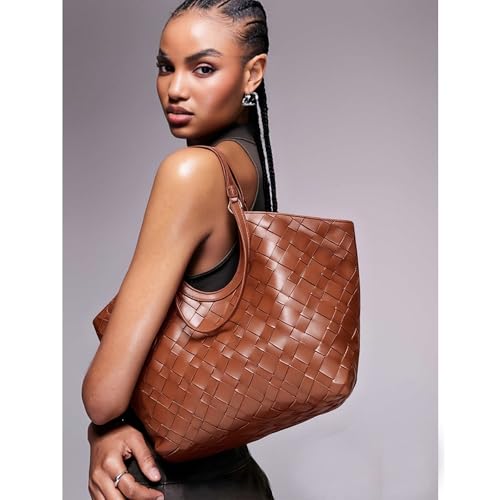 2025 Large Capacity Woven Tote Shoulder Bag for Women - Spacious Handbag for Daily Commute Travel (Brown)