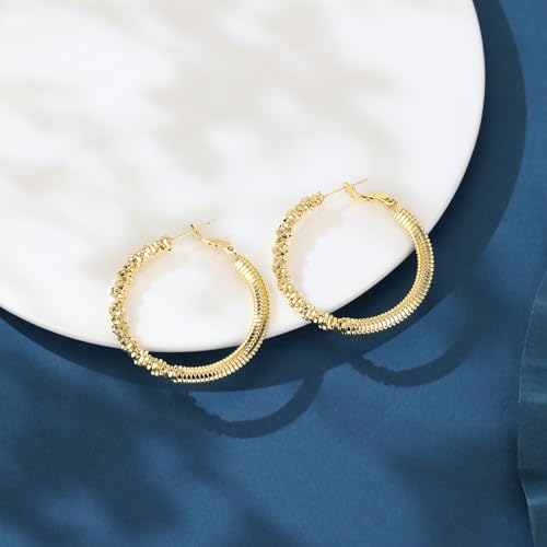 14K Gold Texture Earrings, 37/42mm Gold Hoop Earrings Classic Round Hoop Earring for Women Gold Jewelry Gift for Women - style: Texture Earring-39mm