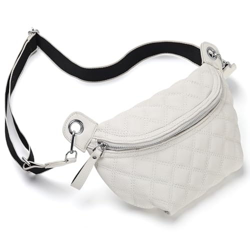 Women's Quilted Crossbody Waist Pack, PU Leather Fanny Pack Sling Bag with Adjustable Belt, Small Shoulder Purse for Travel, Daily Use (Off-white) - color: D-off White