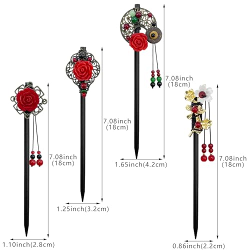 4 Pack Chinese Wooden Hair Stick for Buns Retro Hair Chopsticks Red Flower Beads Styling Vintage Tassel Hair Stick Hair Accessories for Women and Girls Thin Hair (Red) - color: Red