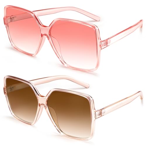 Dollger Oversized Square Sunglasses for Women Big Large Wide Fashion Shades for Men UV Protection Unisex - color: Clear Brown and Clear Pink