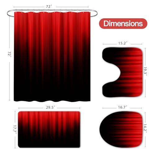 Litabel 4 Pcs Red and Black Gradient Shower Curtain Set with Rugs and Toilet Lid Cover, Modern Simple Waterproof Fabric Bathroom Set, Ombre Stripe Gothic Abstract Bathroom Decor Set Accessories - color: Red