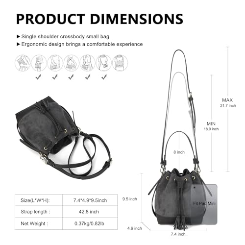 AFKOMST Faux Suede Bucket Bags and Drawstring Crossbody Purse for Women Medium Tote Handbags with 2 Shouder Straps | Fit Pad mini, Long Wallet, Removable Long Strap - color: Grey