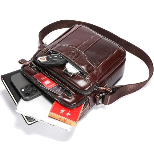 Leather Crossbody Bags for Men Casual Shoulder Bag Travel Messenger Bag Vintage Handbag Multi Pocket Satchel - color: Coffee