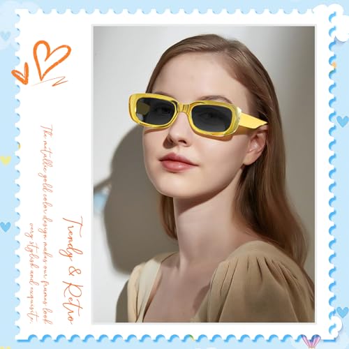 10 Pack Neon/Black Rectangle Sunglasses Bulk for Women Men Retro Trendy Small Rectangle Glasses Party Favors - color: Metallic Gold