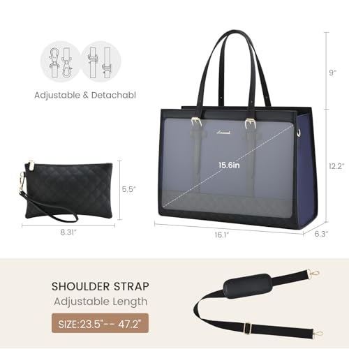 LOVEVOOK Laptop Bag for Women 15.6 inch Canvas Laptop Tote Bag, Large Capacity Work Bags with Clutch Purse, Computer Bags Office Business Briefcase, Casual Handbag for Travel College Teacher - color: Blue & Black, size: 15.6 inch